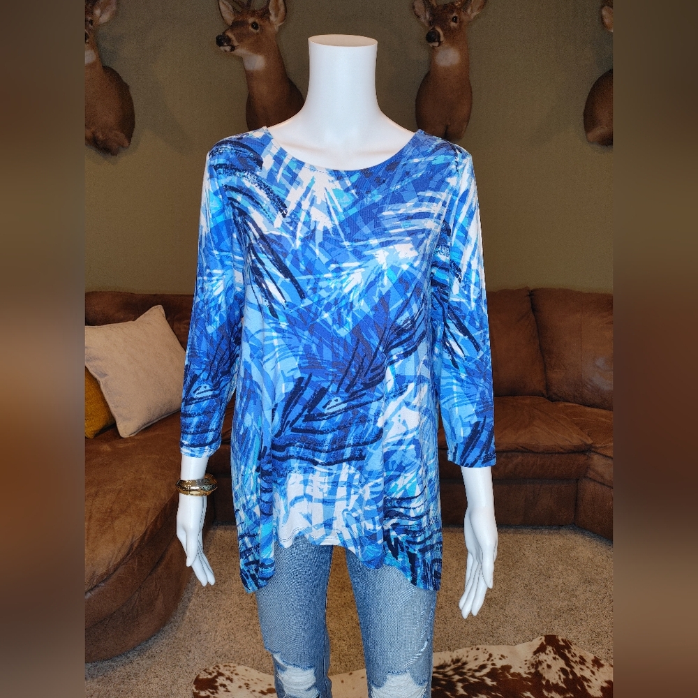 Ruby Rd. Petite 3/4 Sleeve Tropical Print Top, Blue Petite M